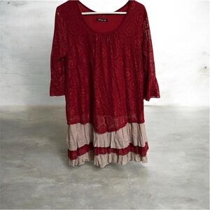 Red Lace Dress/ tunic with Beige Accents- can be worn as a dress, w/ jeans,etc